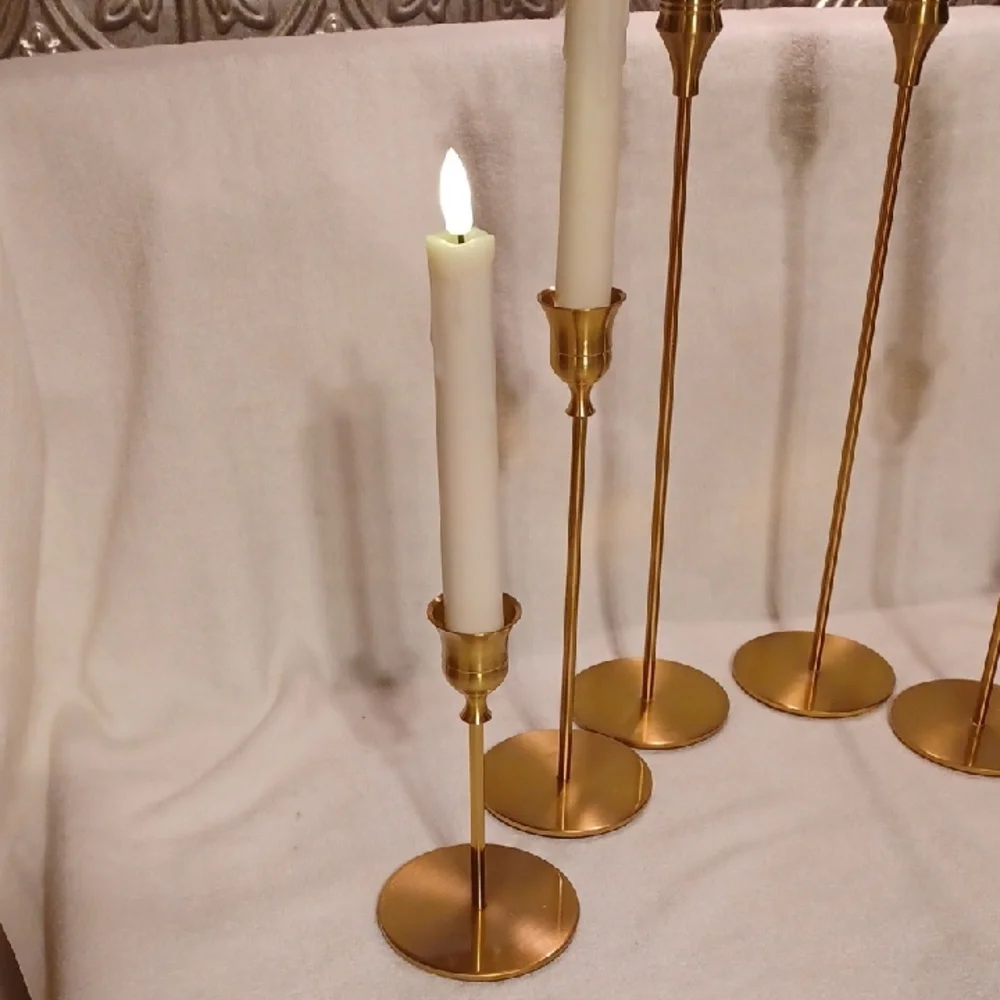 Elegant Gold Candle Holder Set 6 Brass Candlesticks With Remote Control Candles